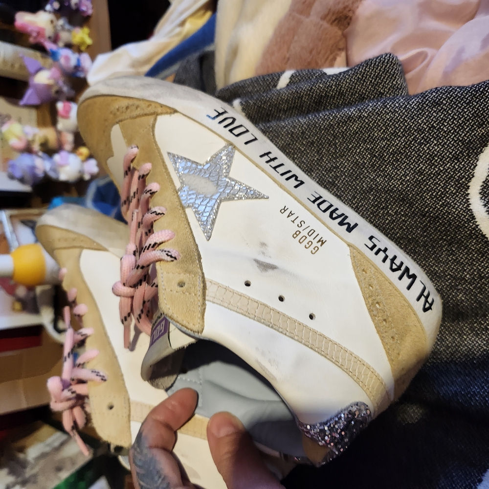 Golden Goose White and Tan Distressed Sneakers
